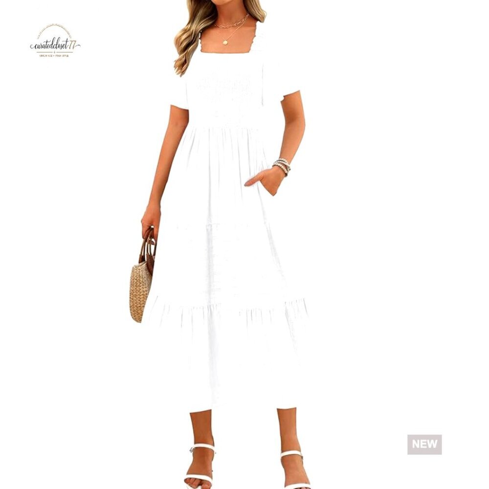 Summer Midi Dress with Pockets, Smocked Bodice, Tiered Ruffle Hem